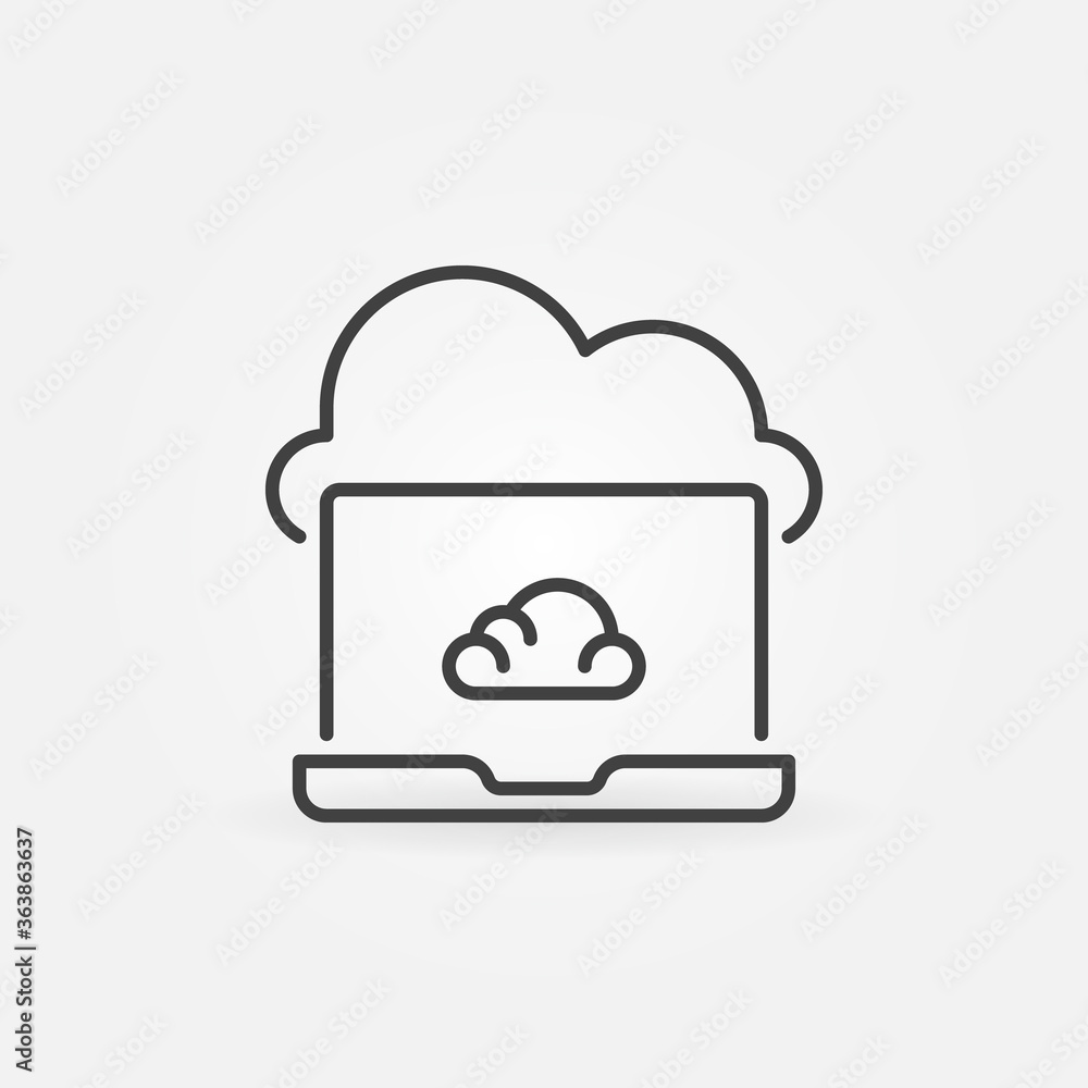 Poster laptop with cloud linear icon - vector cloud computing concept symbol