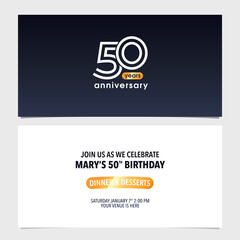 50 years anniversary invitation card vector illustration. Double sided modern graphic design template