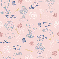 Vector Art Deco tea party line art ladies pink and blue seamless repeat background pattern.