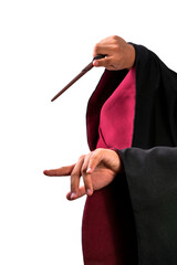 Hand holding Magic wand isolated on white background, Miracle magical stick Wizard tool on white...