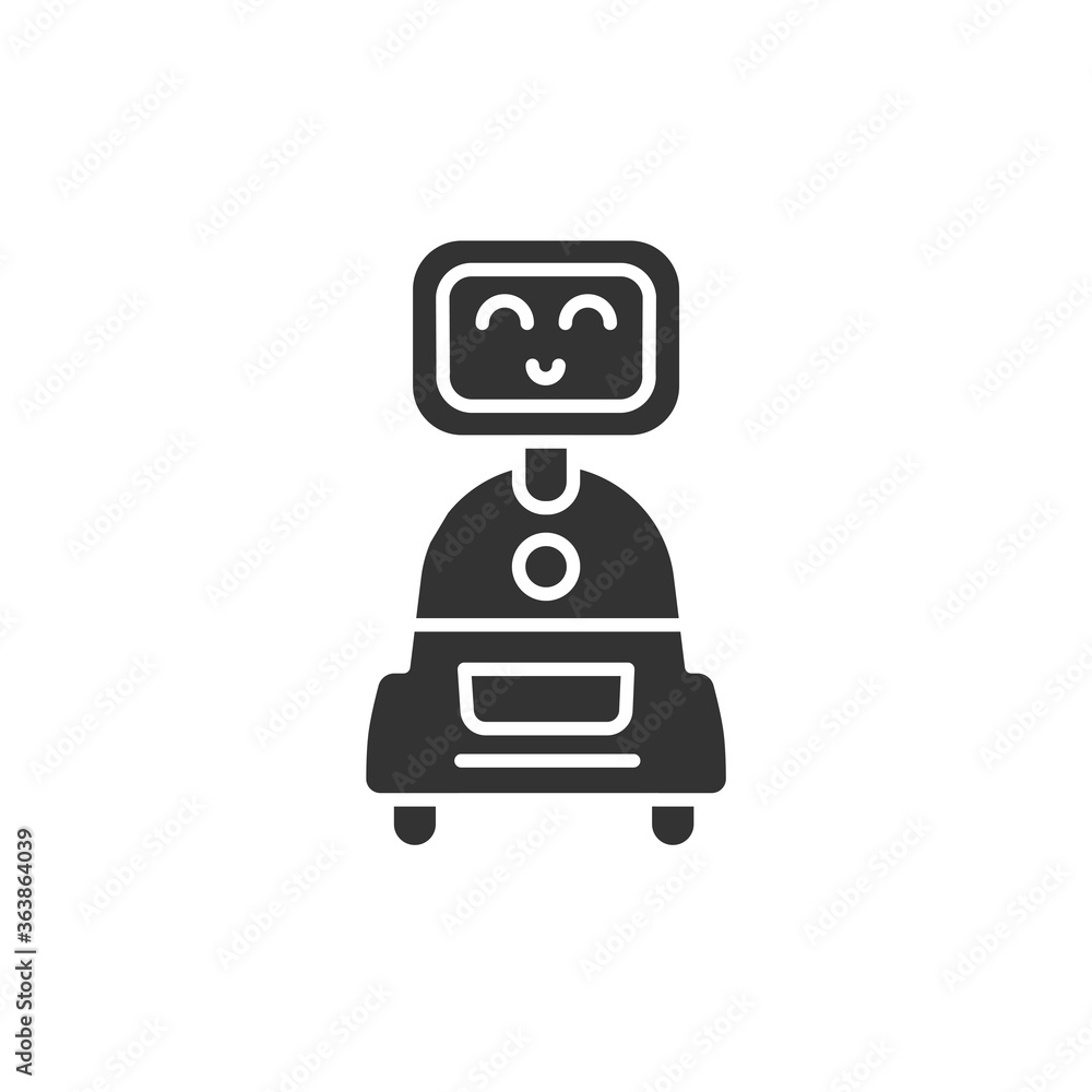 Poster personal robot black glyph icon. cute smiling robot. innovation in technology. sign for web page, ap