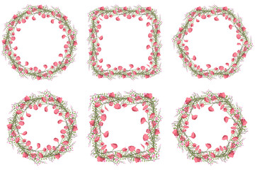 Vintage collection with pink pea flowers, green leaf wreath frame. Elegant retro style decoration. Vector invitation template. Floral borders set.