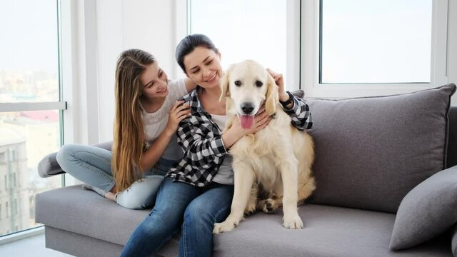 Happy daughter and mother with adorable dog on sofa in modern apartment