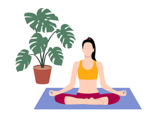 Obraz na płótnie Canvas Beautiful simple flat vector of a young slim woman exercising yoga. Lotus pose.