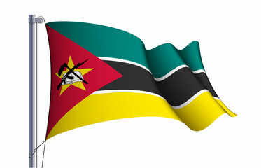 Mozambique flag state symbol isolated on background national banner. Greeting card National Independence Day of the Republic of Mozambique. Illustration banner with realistic state flag.