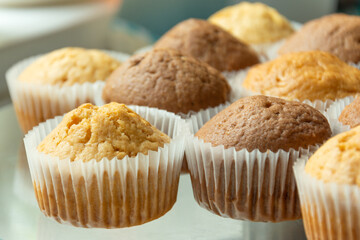 Baked muffins in paper forms