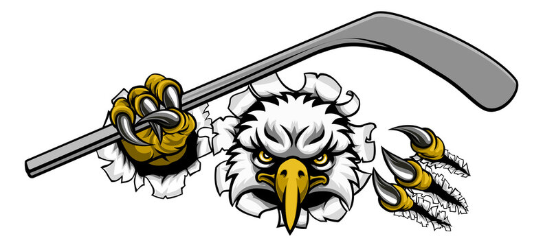 An eagle ice hockey player animal sports mascot holding a hockey stick