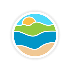 Abstract logo beach, sea, ocean, sun, sky, sand, resort template sign design vector. Sign, icon, symbol summer, enjoy, water waves, sand. Landscape horizon line. Vector illustration.