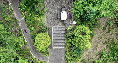 Vertical aerial view of a terrace with garden furniture, stairs and a path on which a cat walks, desaturated