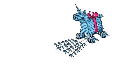 Cartoon wooden Troyan unicorn with bow drawn by a big group people with ropes. Business metaphor. Mythological symbol of betrayal, deception or computer virus . Outline whiteboard style.