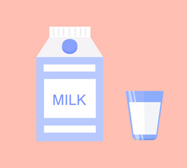 set of vector elements a milk box and a glass filled with milk in a flat style, a milk bag with a design