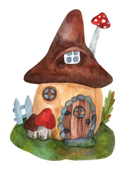 Cute compositions for postcards or posters with forest elements and unusual houses in mushrooms in red, green and gray colors. All elements are hand-drawn for decoration and design