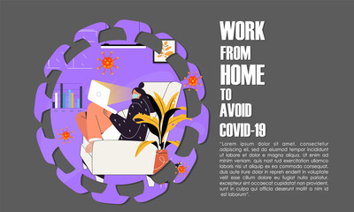 Company Allows Employees to Work from Home for Protection Coronavirus. Woman Work with Wear Mask for Protection against Viral Pandemic COVID19 With Cozy Home Situation. Design concept Illustration
