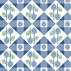 Vector art deco blue floral gingham seamless background pattern