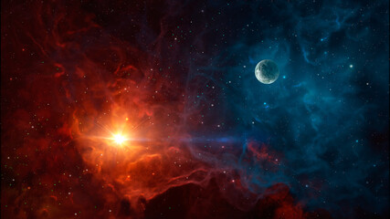 Space background. Colorful nebula with planet. Elements furnished by NASA. 3D rendering