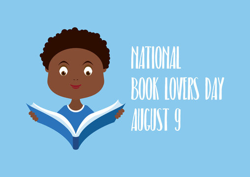 National Book Lovers Day vector. Little reader with book vector. African american boy reading a book vector. Boy with book cartoon character. Student with book icon. Book Lovers Day Poster, August 9 - Powered by Adobe