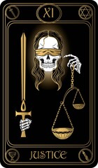 Justice. The 11th card of Major arcana black and gold tarot cards. Vector hand drawn illustration with skulls, occult, mystical and esoteric symbols.