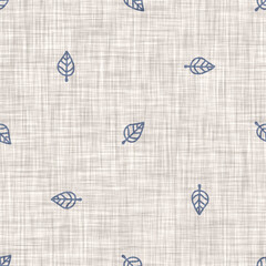 Seamless french farmhouse linen printed leaf damask background. Provence blue gray linen pattern texture. Shabby chic style old woven flax background. Textile rustic all over