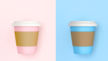 Pastel coffee background, pink, blue cup, fast food holder mug top view composition. Cute takeaway cups, cardboard sleeve, disposable blank cappuccino mockup, front view. Paper espresso mugs design.