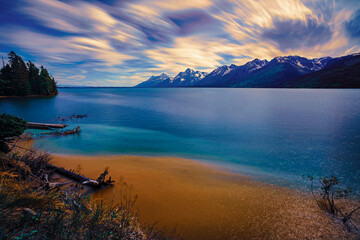 Timelapse photo of Jenny lake in Grand Teton National Park.