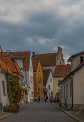 Ancient houses in Visby. Photo of medieval architecture. Sweden. Gotland.