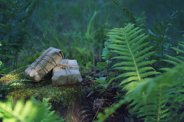 Two gifts wrapped in craft paper lie on a stump near ferns in the summer