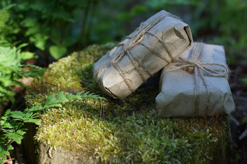 Two gifts wrapped in craft paper lie on a stump near ferns in the summer