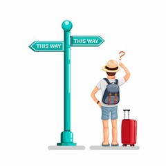 Backpacker guy standing front road sign board in street confusing choose way. tourist travel guide symbol set concept in cartoon illustration vector on white background 