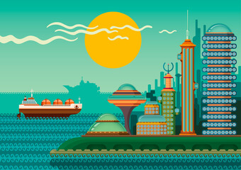 Landscape with the city by the sea in cartoon style. Vector illustration.