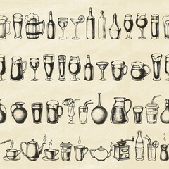 Set of different hand drawn beverages. Seamless background. Vector illustration.