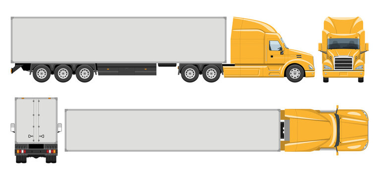 Semi trailer truck vector template with simple colors without gradients and effects. View from side, front, back, and top