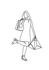 Drawing line, Young women walking and shopping