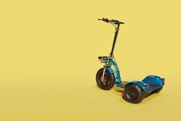 3d rendering of the blue three wheels electric scooter on pale yellow background. © icestylecg