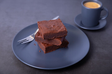 Brownie cake. Homemade Chocolate Dessert. A popular dark chocolate cake. Close-up.