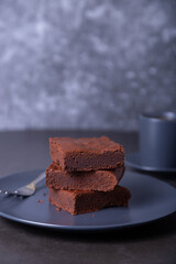 Brownie cake. Homemade Chocolate Dessert. A popular dark chocolate cake. Close-up, place for text.