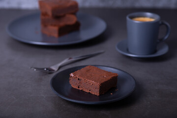 Brownie cake. Homemade Chocolate Dessert. A popular dark chocolate cake. Close-up.