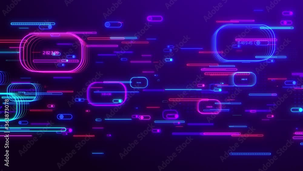Poster neon different rounded rectangles elements move in a horizontal direction, blue red pink violet spec