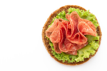 Sandwich with ham sausage on white background.