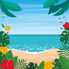 Fototapeta na wymiar Beach landscape, summer background with leaves frame. Vector illustration in flat style
