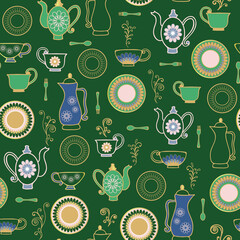 Vector Art Deco tea party green seamless background pattern