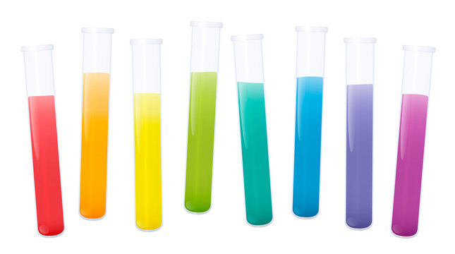 Colorful test tubes with rainbow colored substances, set of fluids in eight laboratory glass tubes. Isolated vector illustration on white background.
