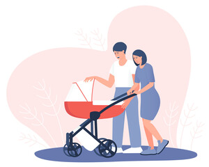 Happy couple looking in a stroller with a newborn. Mom and Dad are walking with a mouse in a stroller. Stroller cradle universal red and white. Flat vector cartoon illustration.