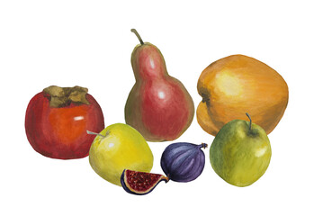 Fruits: persimmon, quince, pear, apple, fig.