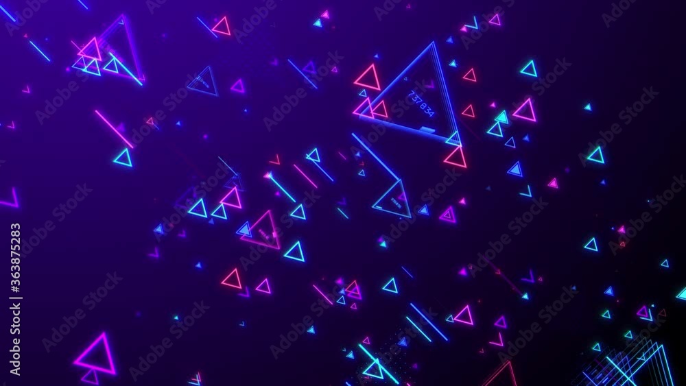 Poster neon different triangular elements move in a tilted movement direction, blue red pink violet spectru