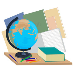 School supplies and the globe. study items. Back to school. The concept of education.
