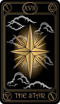 The Star. The 17th card of Major arcana black and gold tarot cards. Vector hand drawn illustration with skulls, occult, mystical and esoteric symbols.