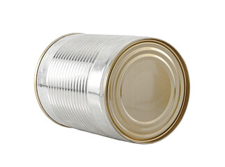 Iron tin can close up lying on its side. Isolated on a white background.