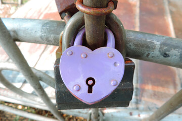   lilac heart-shaped lock on the railing        , sign of eternal love of the newlyweds