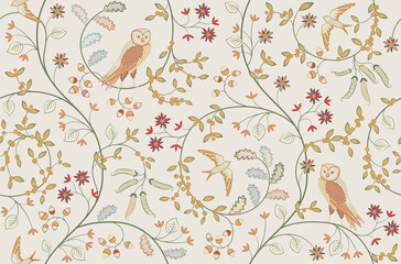 Vintage birds in foliage with flowers seamless pattern on light background. Middle ages William Morris style. Vector illustration. - 363876893
