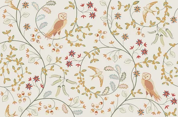 Vintage birds in foliage with flowers seamless pattern on light background. Middle ages William Morris style. Vector illustration.